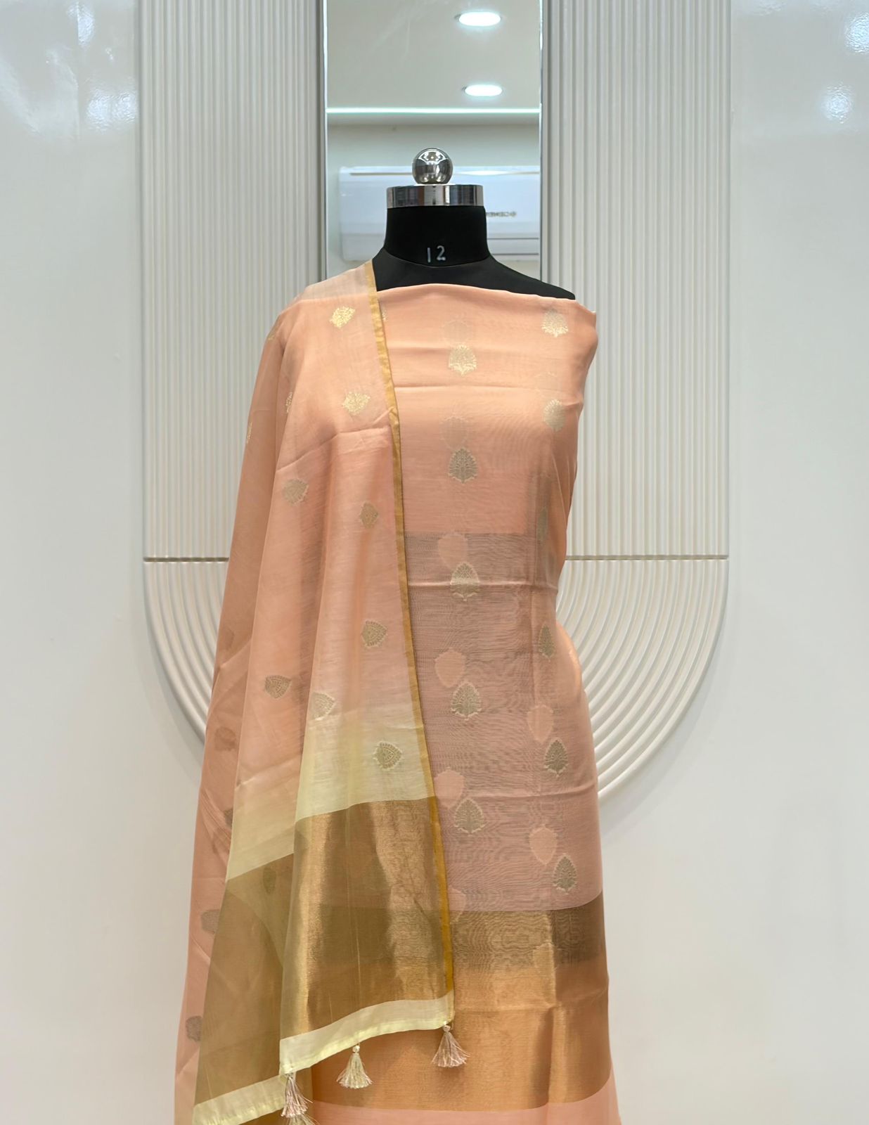 Peach Pure Chanderi Silk Zari Buti Suit Fabric