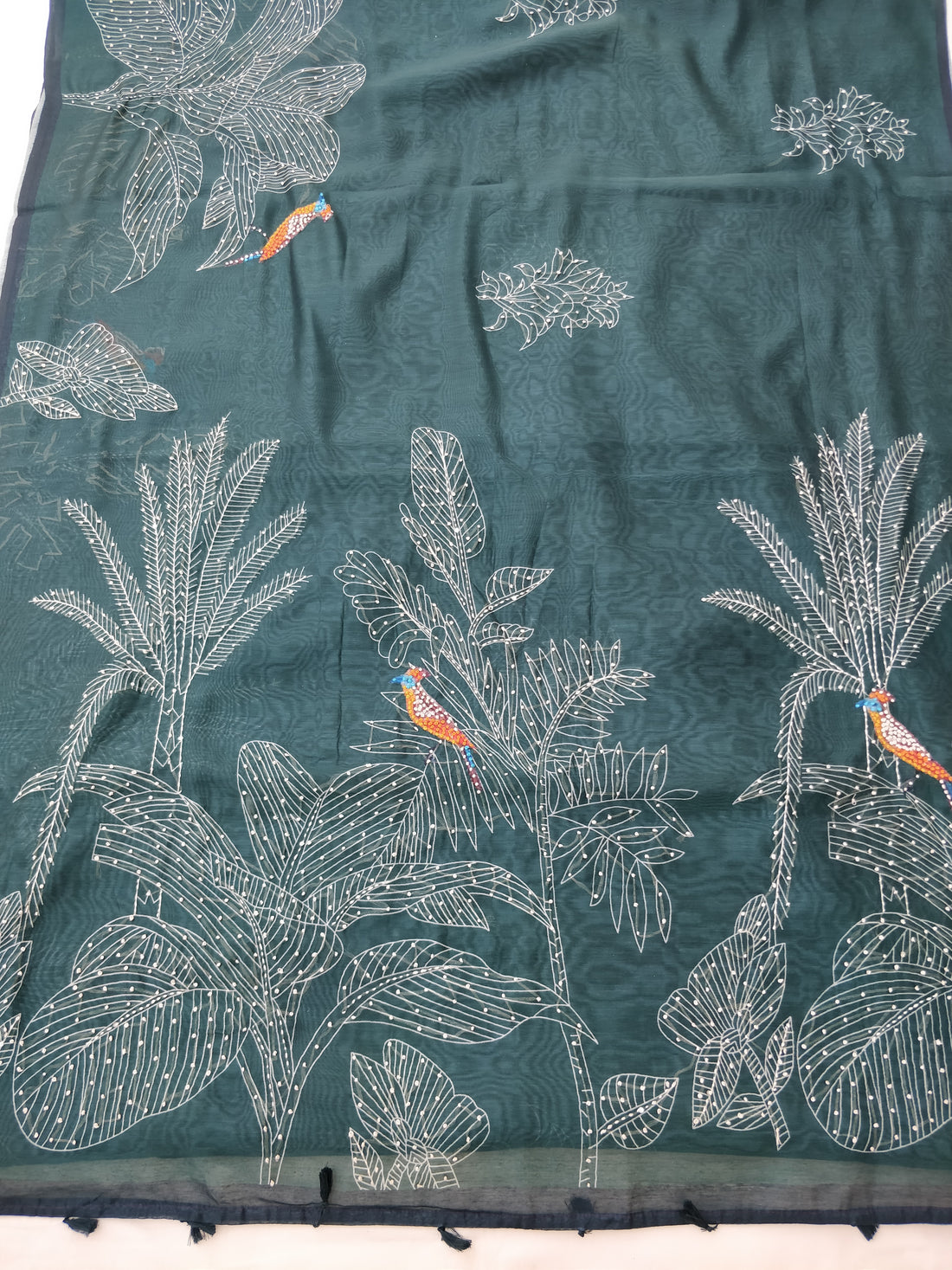 Green Mul Chanderi Silk Digital Print With Hand Embroidery Saree