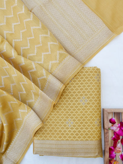 Yellow Cotton Unstitched Banarasi Suit Set