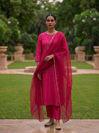 Striped Red Pink Handwoven Pure Satin Silk Banarasi Suit Set