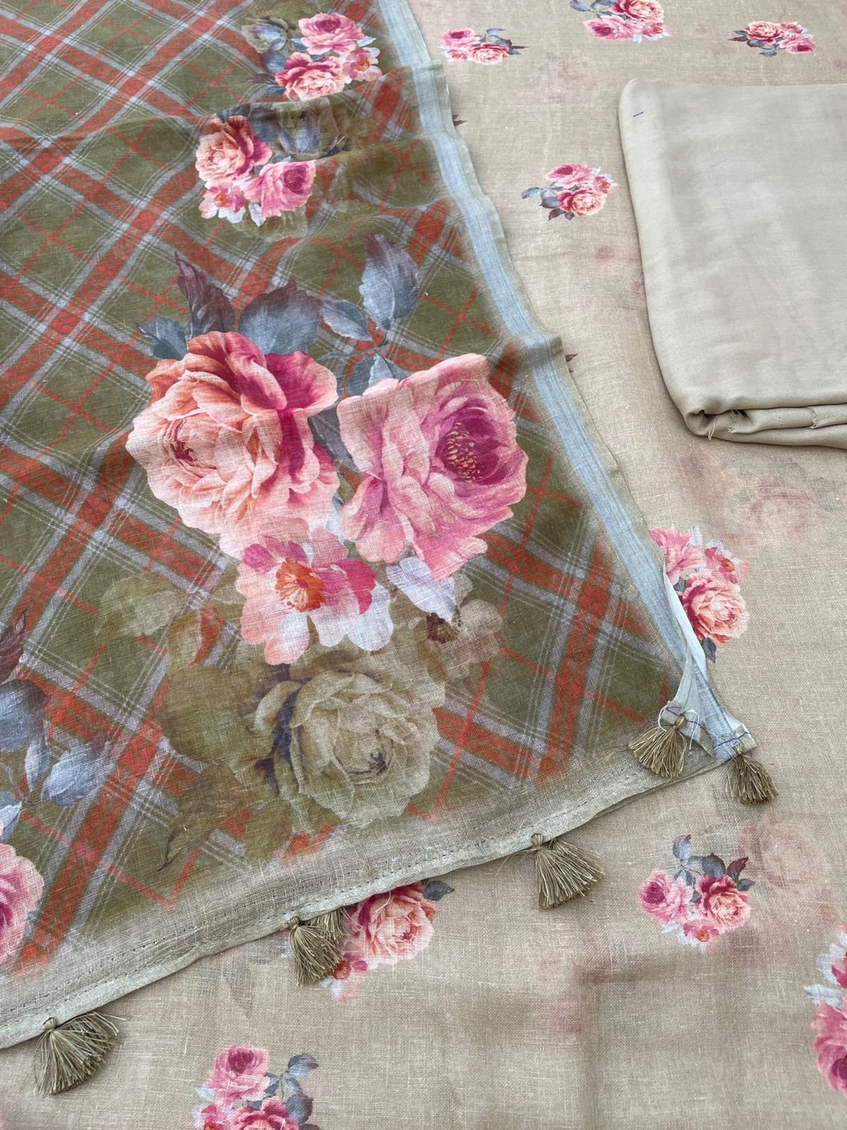 Olive Green Linen Silk Printed Unstitched Suit Fabric
