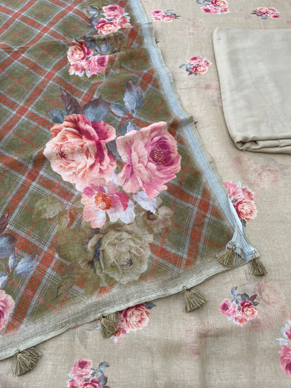 Olive Green Linen Silk Printed Unstitched Suit Fabric