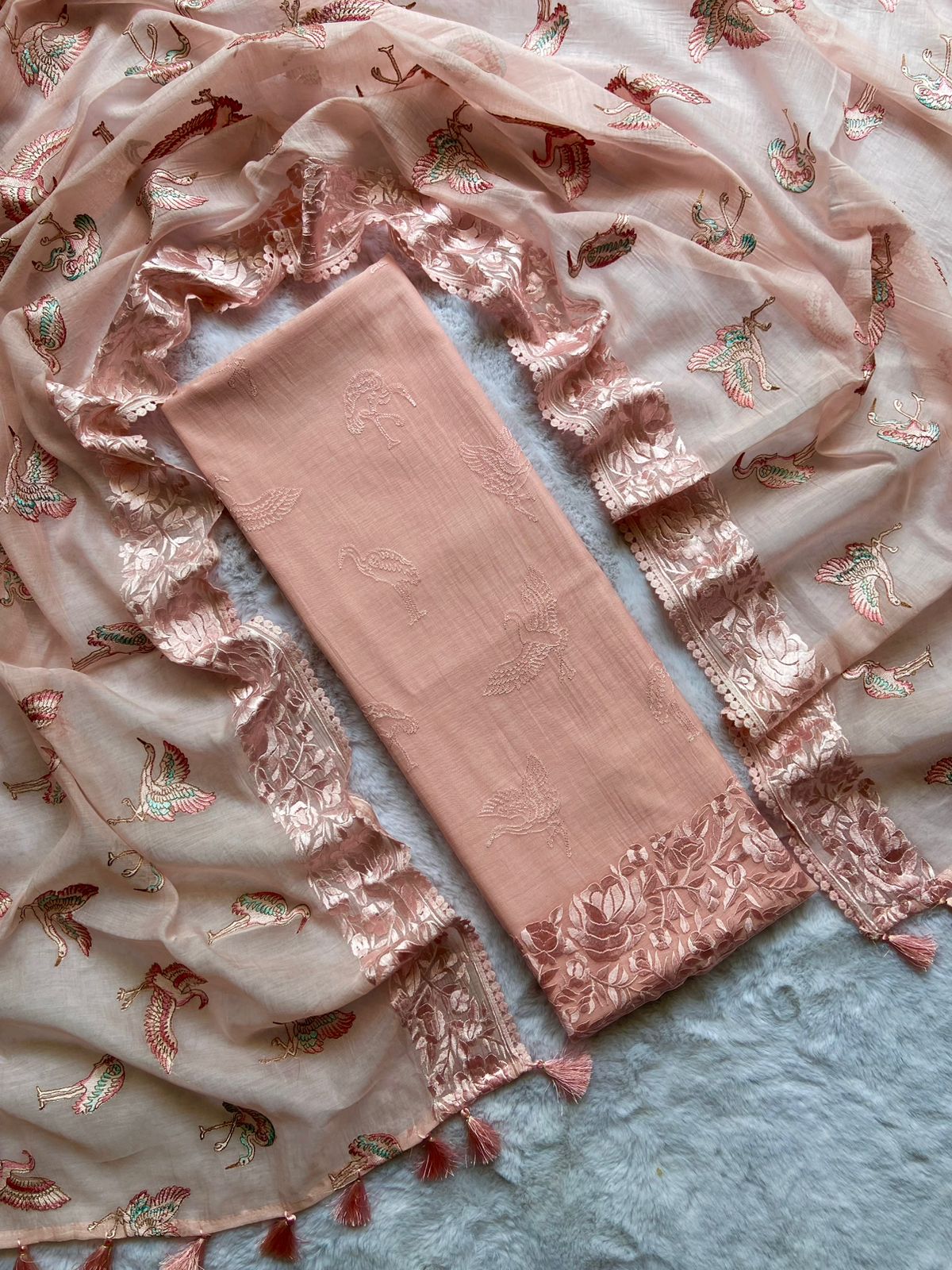 Peach Mul Cotton Embroidery Suit Fabric