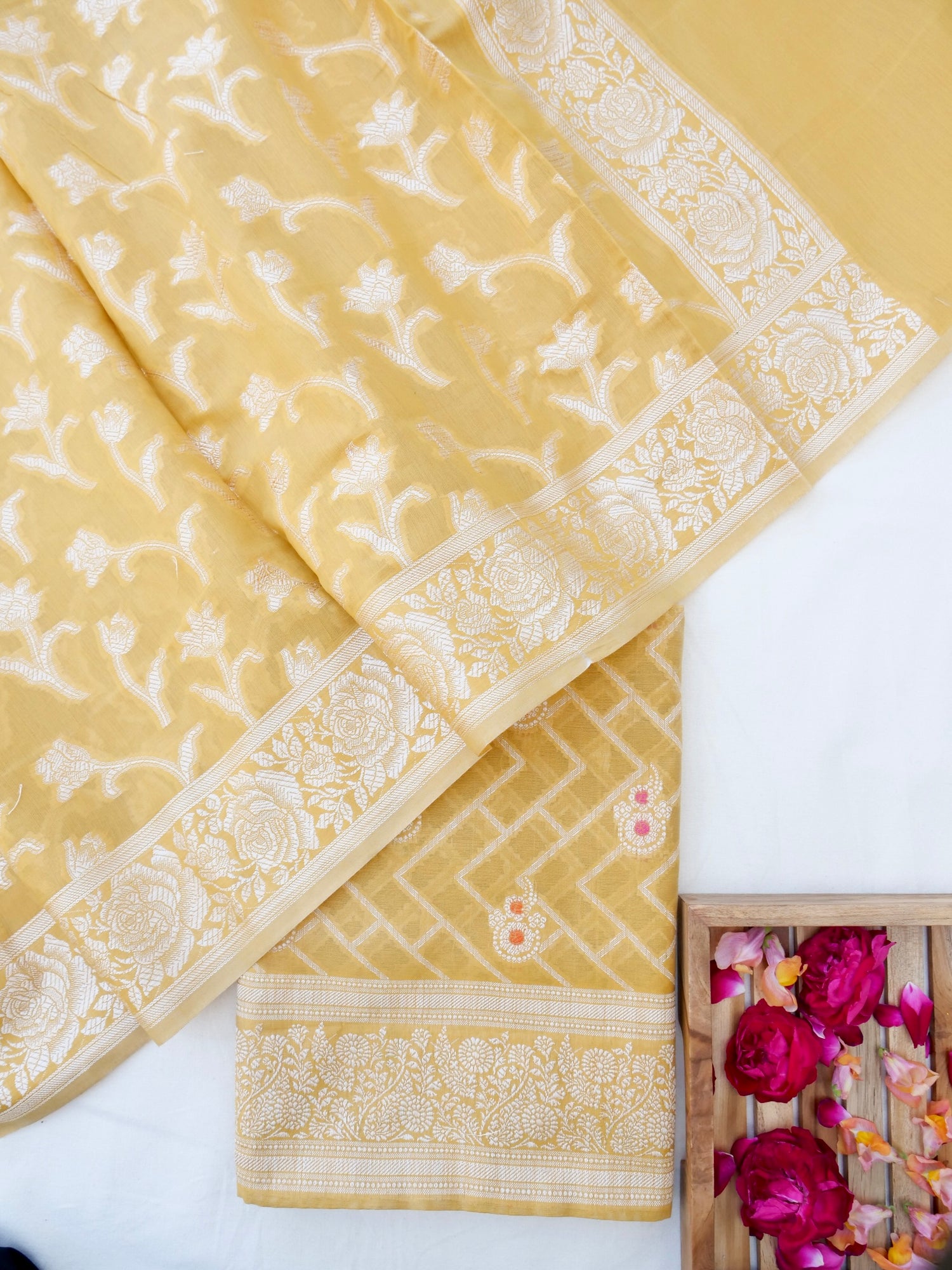 Yellow Banarasi Cotton Unstitched Suit Set