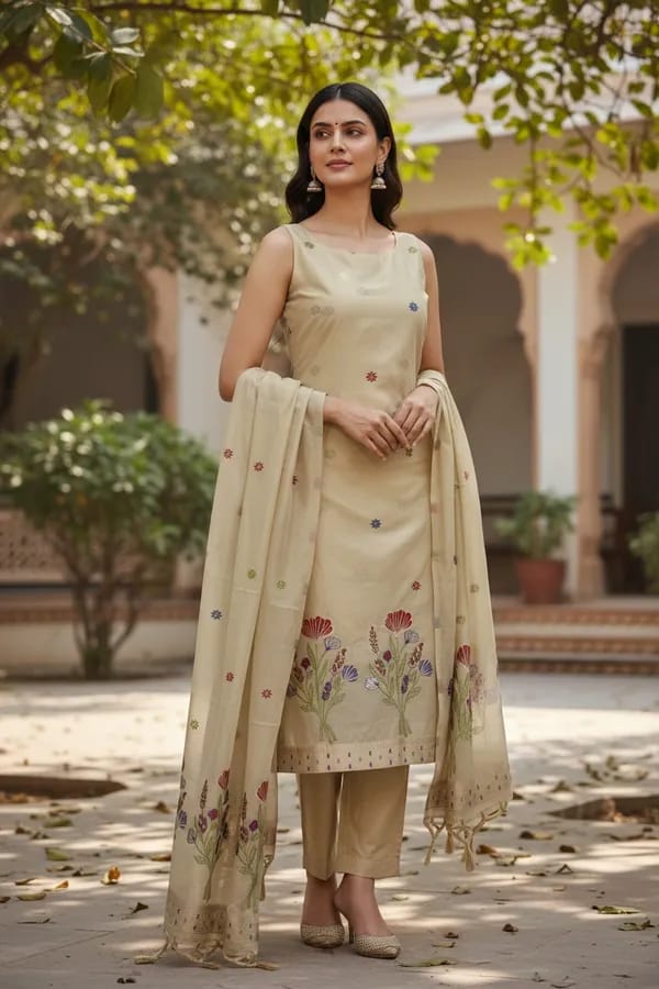 Beige Cotton Zamadani Banarasi Suit Fabric