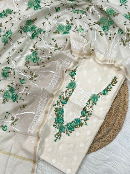 White Embroidered Green Threadwork Jacquard Suit Fabric with Kota Dupatta