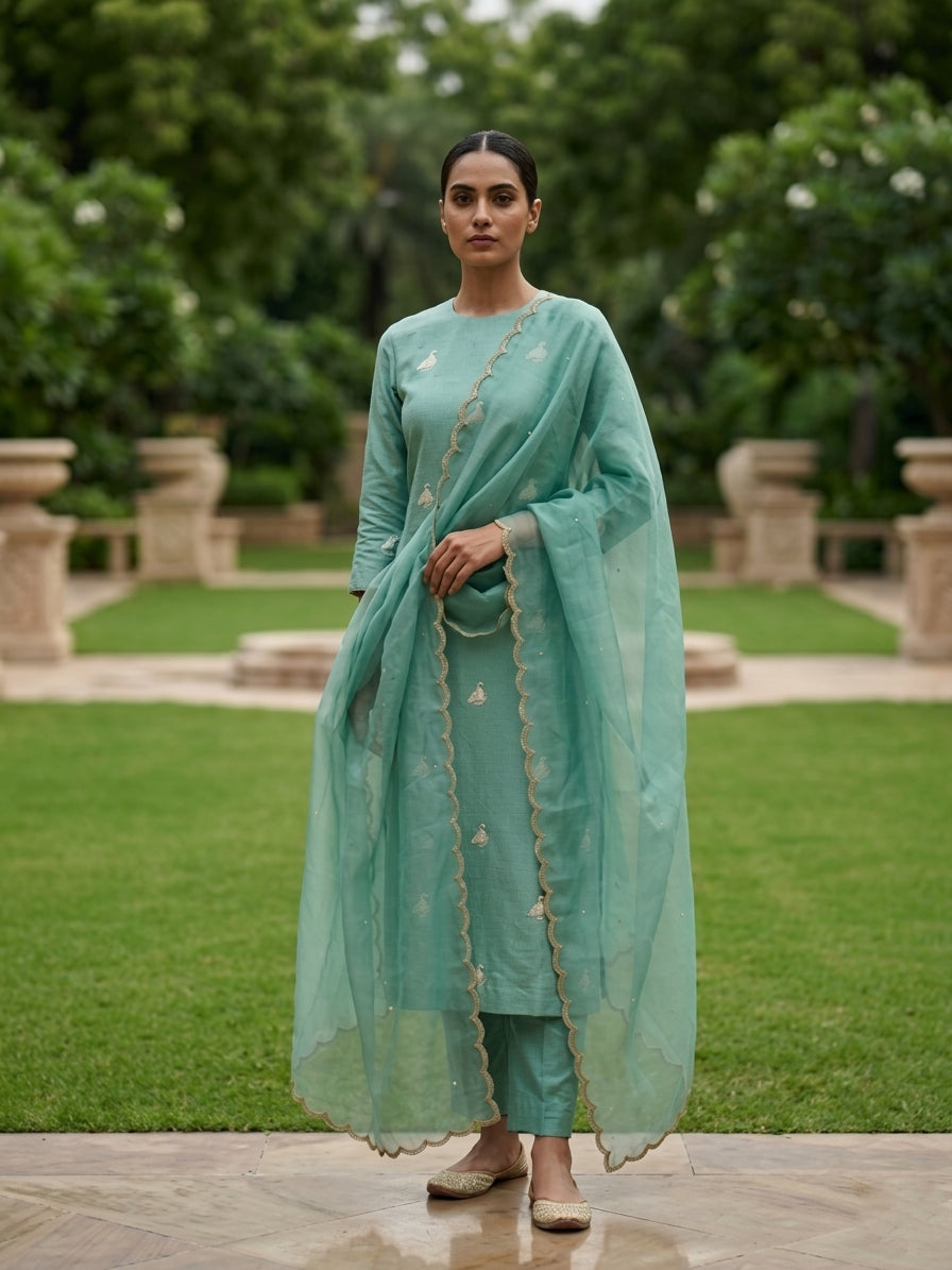 Sea Green Handwoven Pure Kataan Silk Banarasi Suit Set