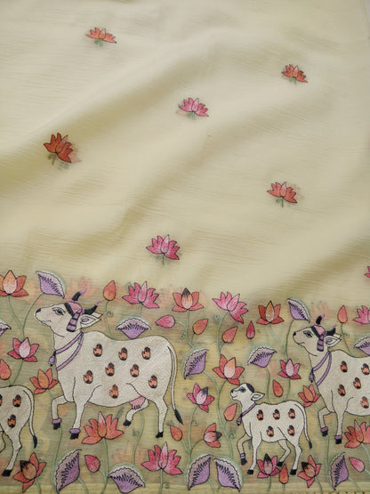 Yellow Tissue Pichwai Buti Banarasi Saree With Embroidery