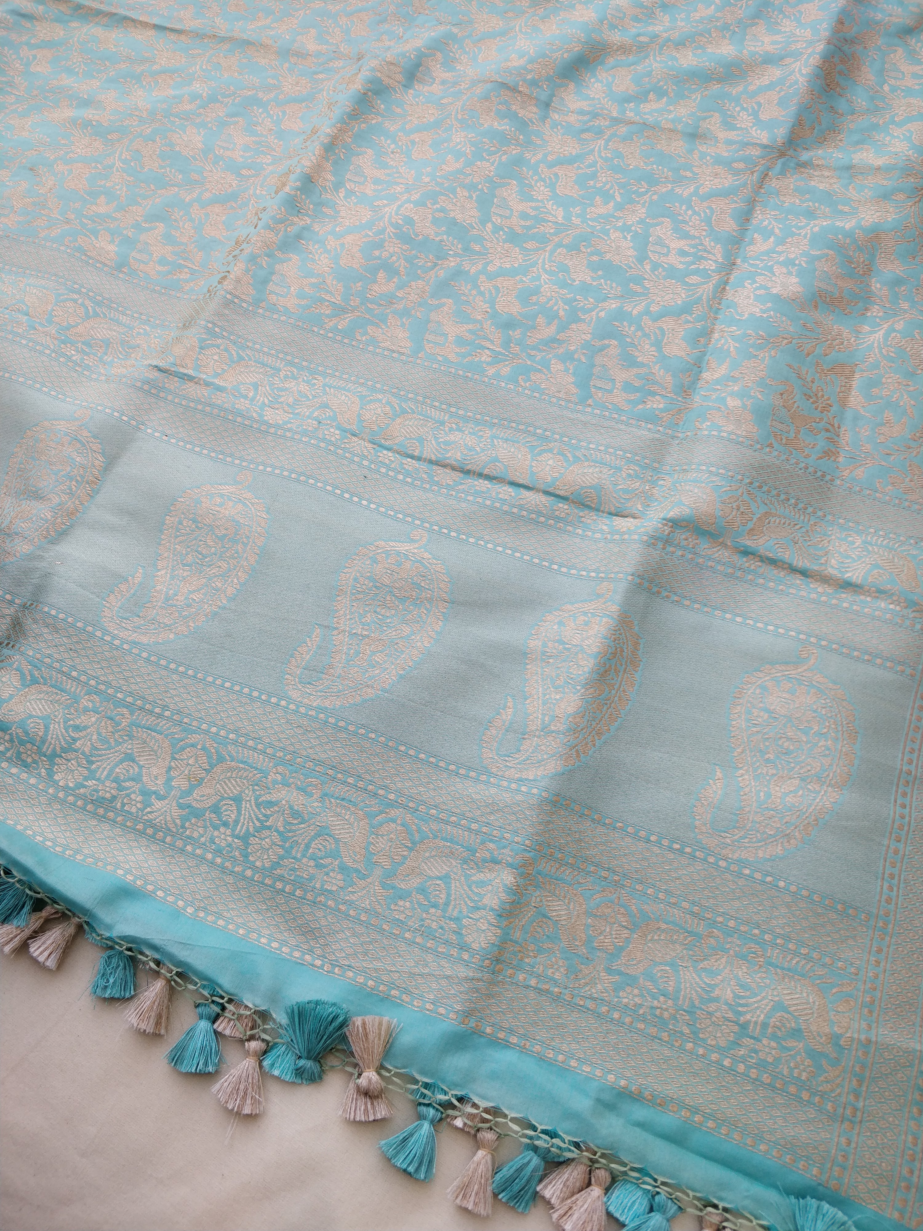 Light Blue Handwoven Shikargah Pure Silk Banarasi Dupatta