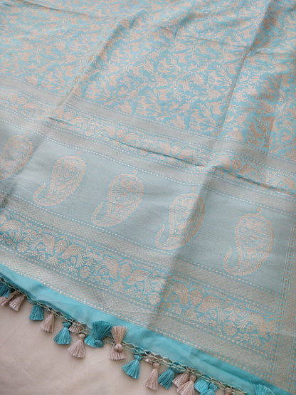 Light Blue Handwoven Shikargah Pure Silk Banarasi Dupatta