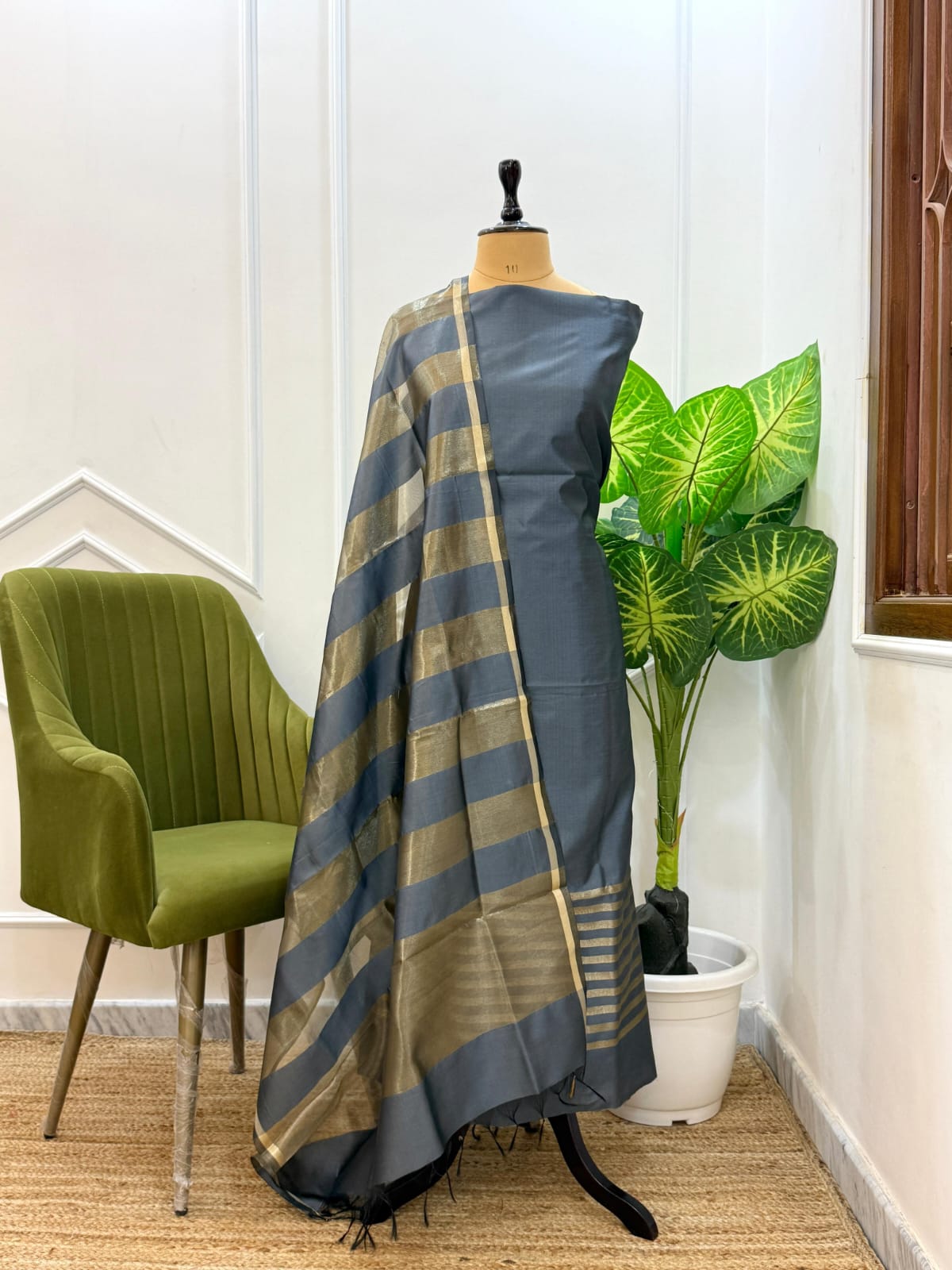 Gray Cotton Silk Suit With Stripe Zari Dupatta