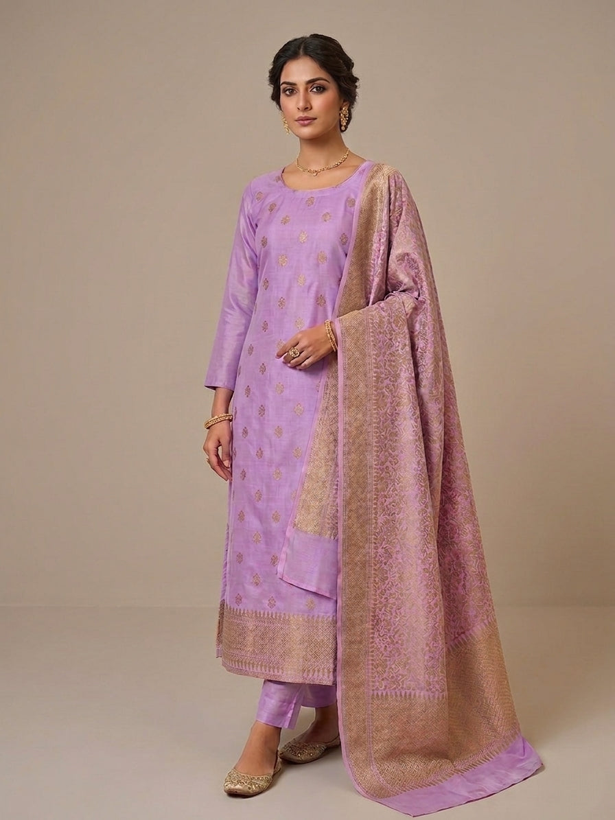 Purple Cotton Silk Banarasi Unstitched Suit Set