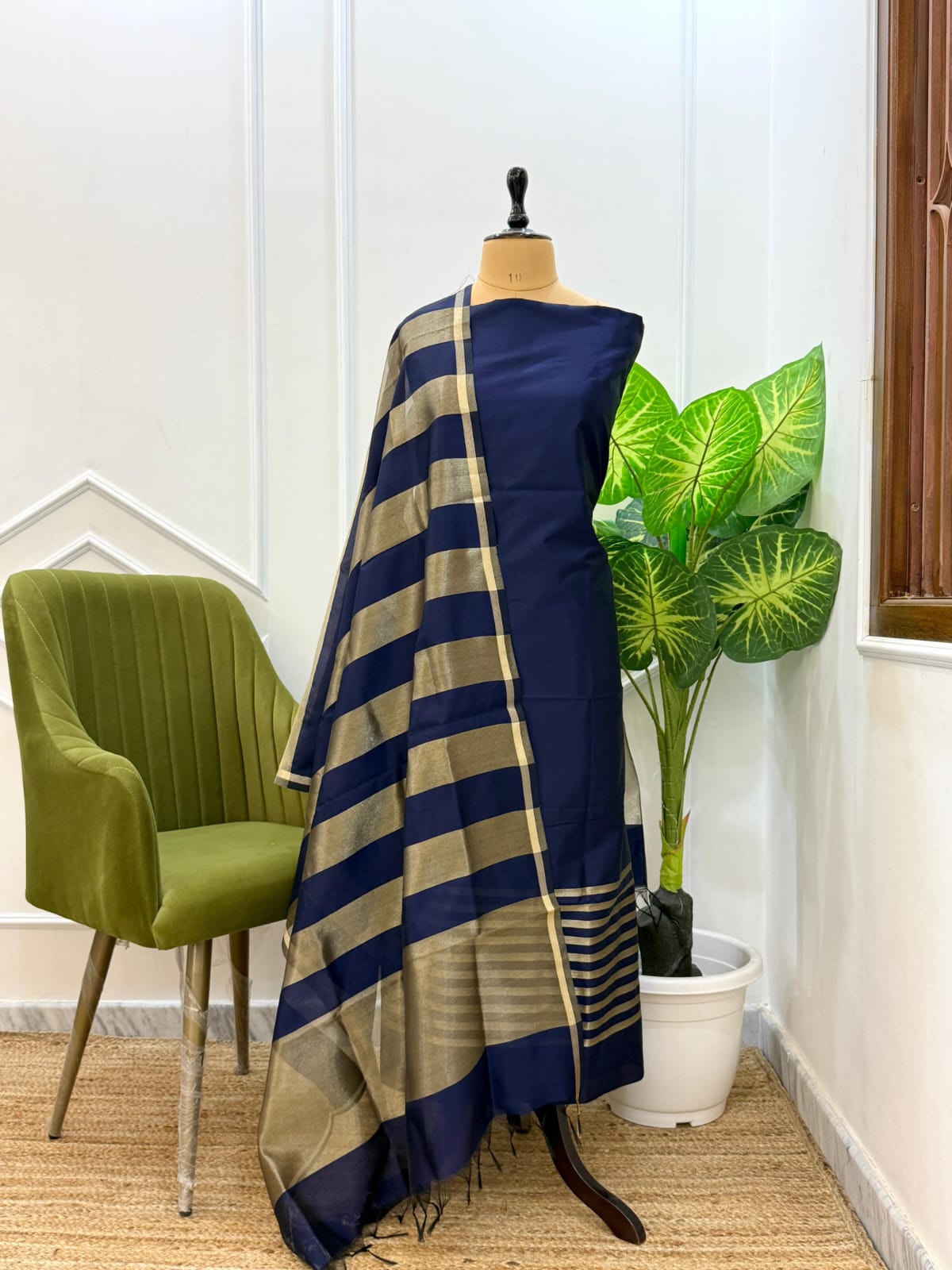 Navy Blue Cotton Silk Suit With Stripe Zari Dupatta