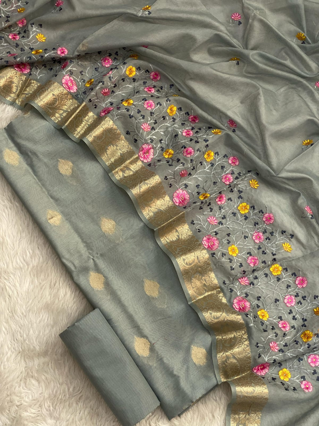 Gray Mul Cotton Embroidered with Meenakari Suit Set