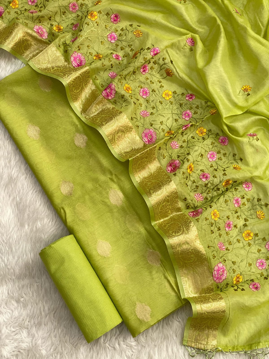 Green Mul Cotton Embroidered with Meenakari Suit Set