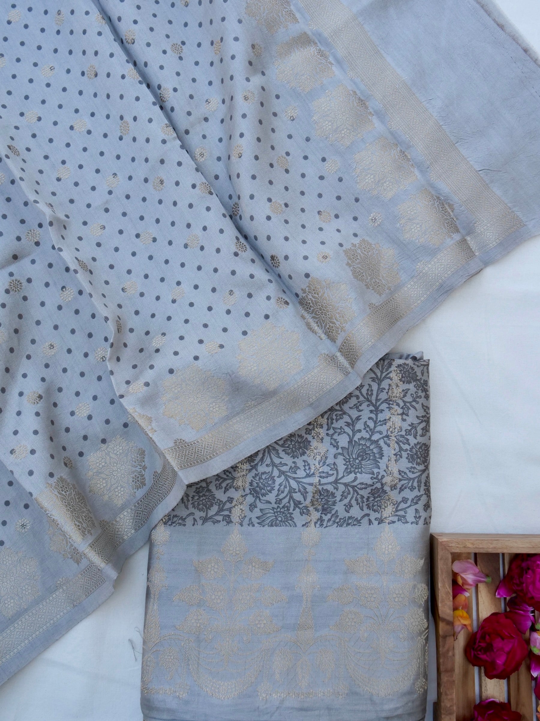 Gray Chiniya Silk Printed Unstitched Banarasi Suit Set