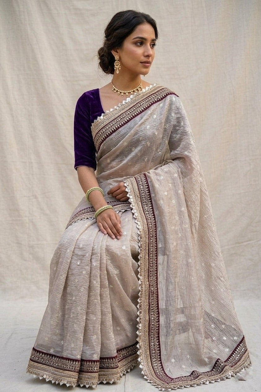 Beige Tissue Silk Saree Buti with Lace Border