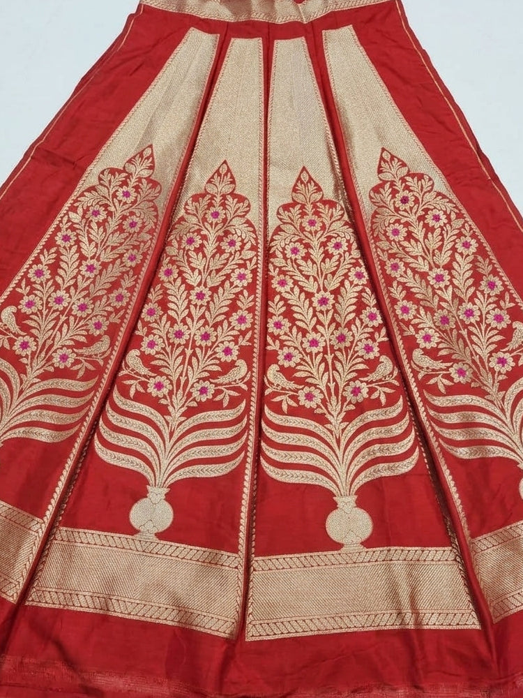 Red Handwoven Pure Satin Silk Floral Banarasi Lehenga Panels