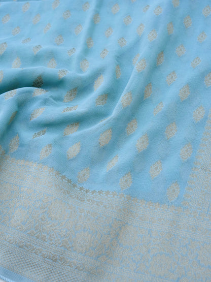 Sky Blue Georgette Silk Buti Banarasi Saree