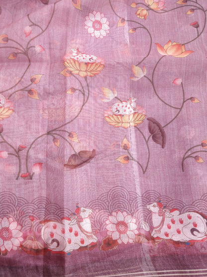 Pink Silk Tussar Printed Pichwai Saree
