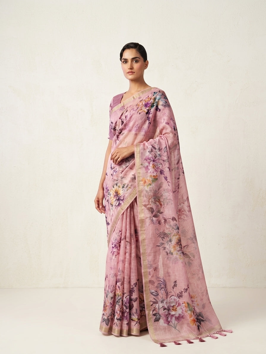 Pink Organza Silk Digital Print Banarasi Saree