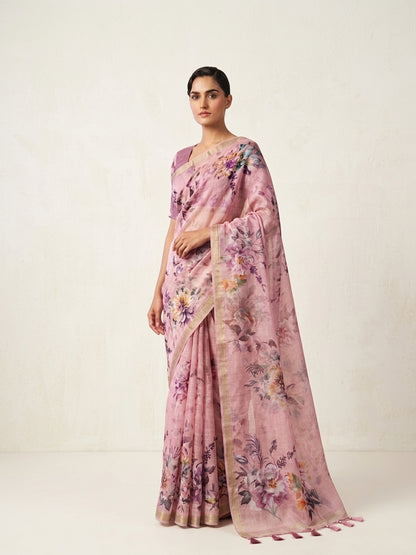 Pink Organza Silk Digital Print Banarasi Saree