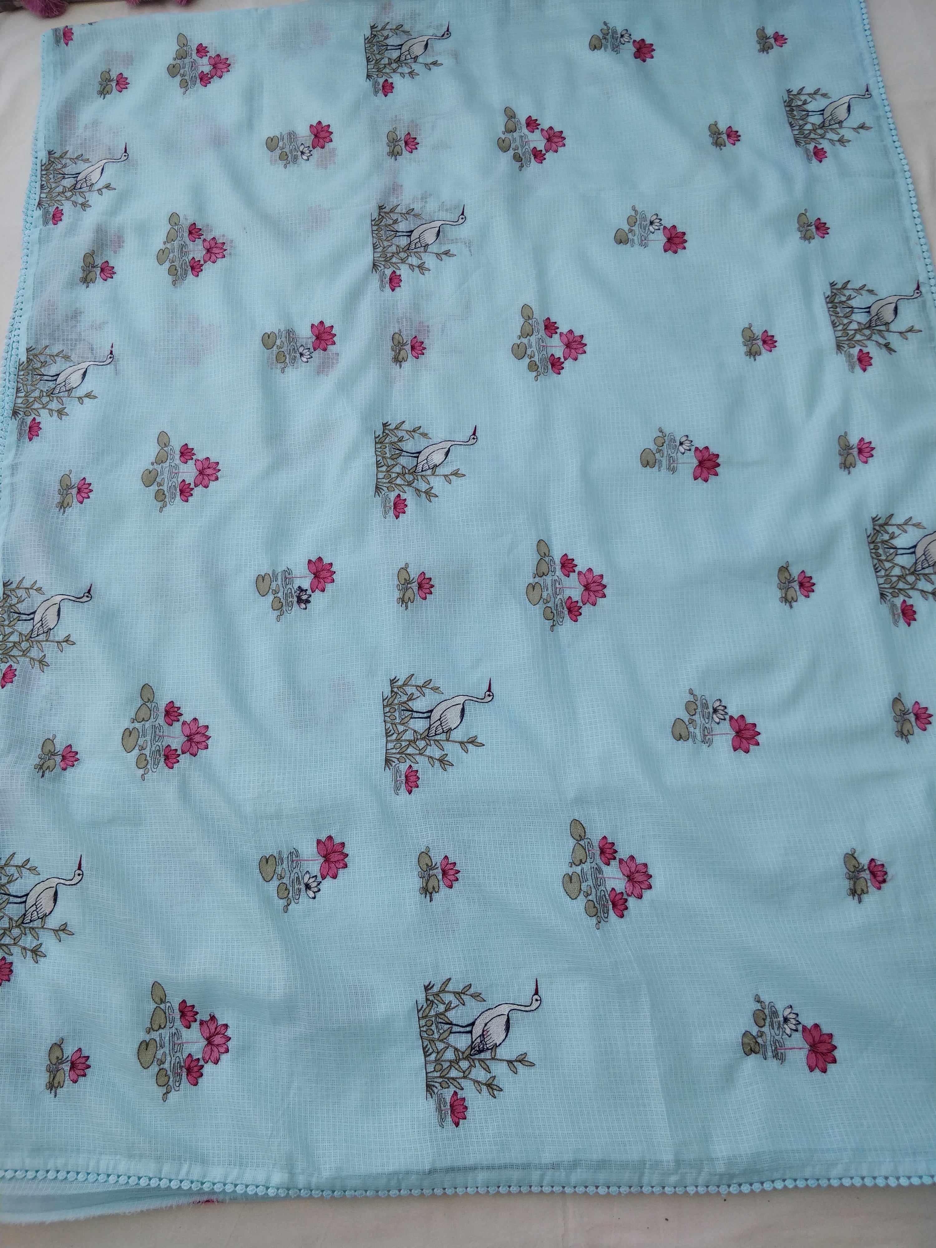Sky Blue Kota Crane Floral Embroidery Saree