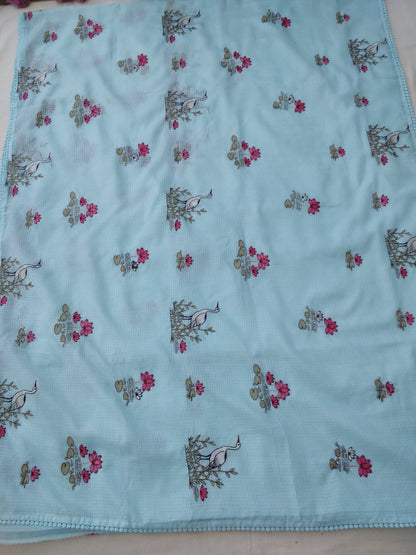 Sky Blue Kota Crane Floral Embroidery Saree