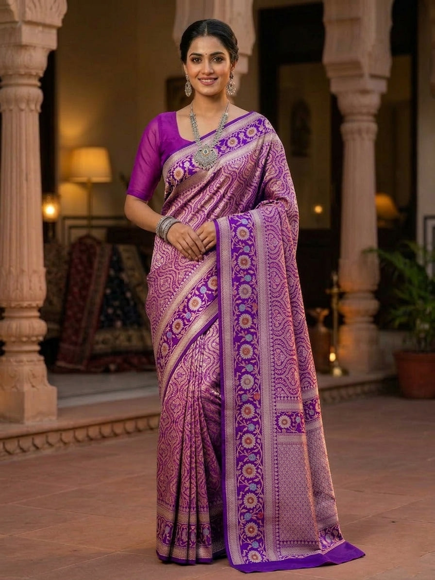 Purple Kataan Silk Meena Jangla Banarasi Saree