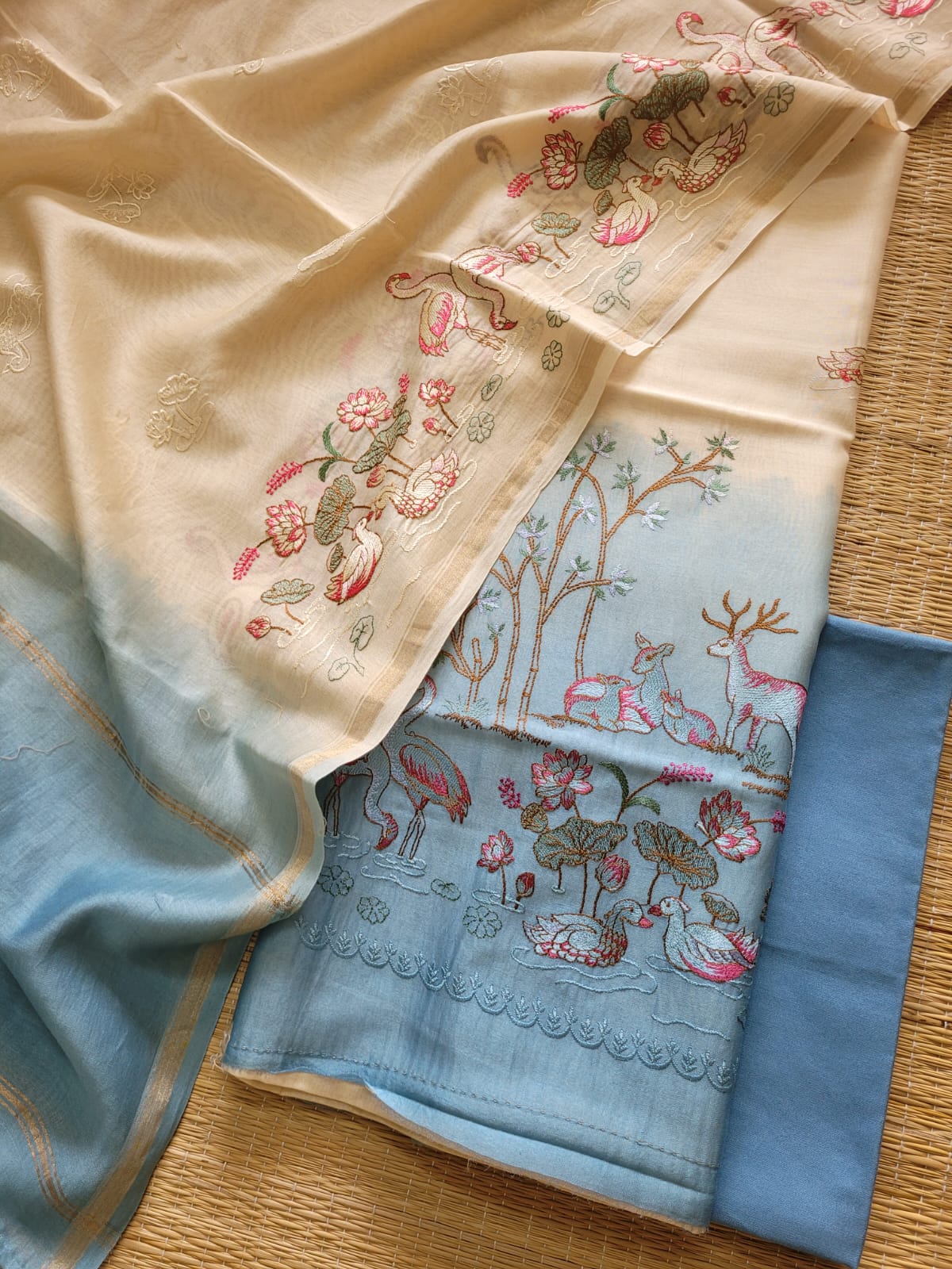 Sky Blue Pure Chanderi Silk Embroidered Suit Fabric
