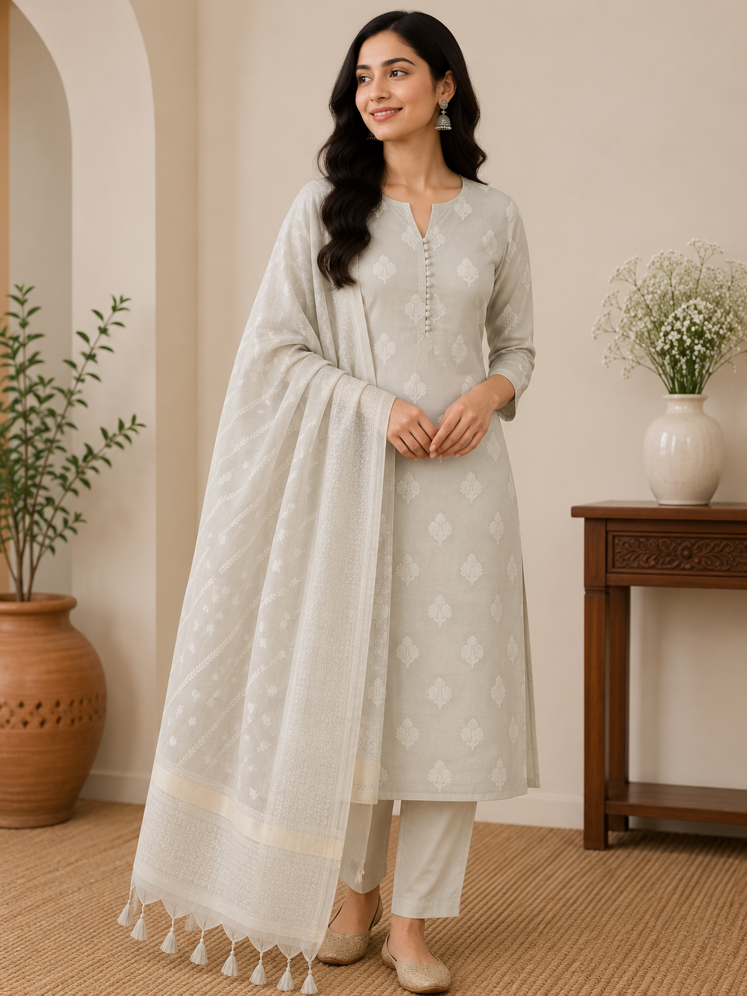 Beige Banarasi Cotton Suit Set