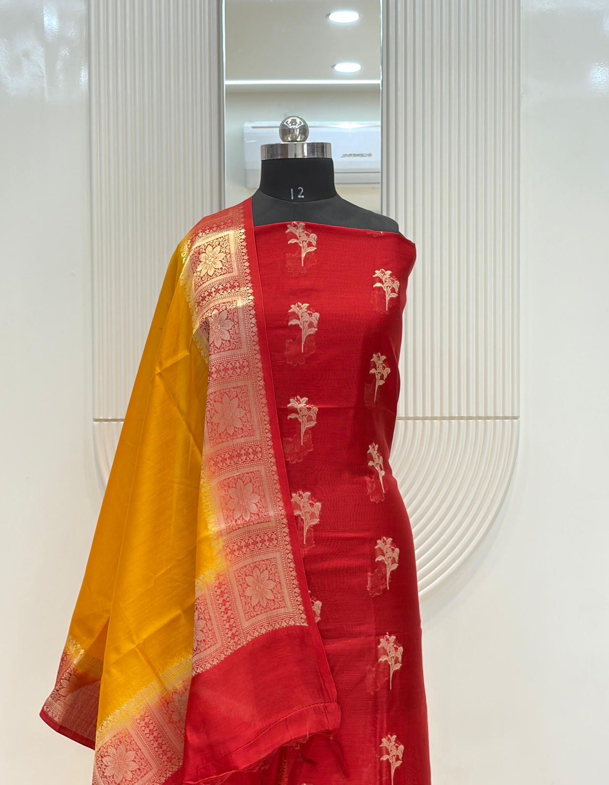 Red Pure Chanderi Silk Buti Suit Fabric