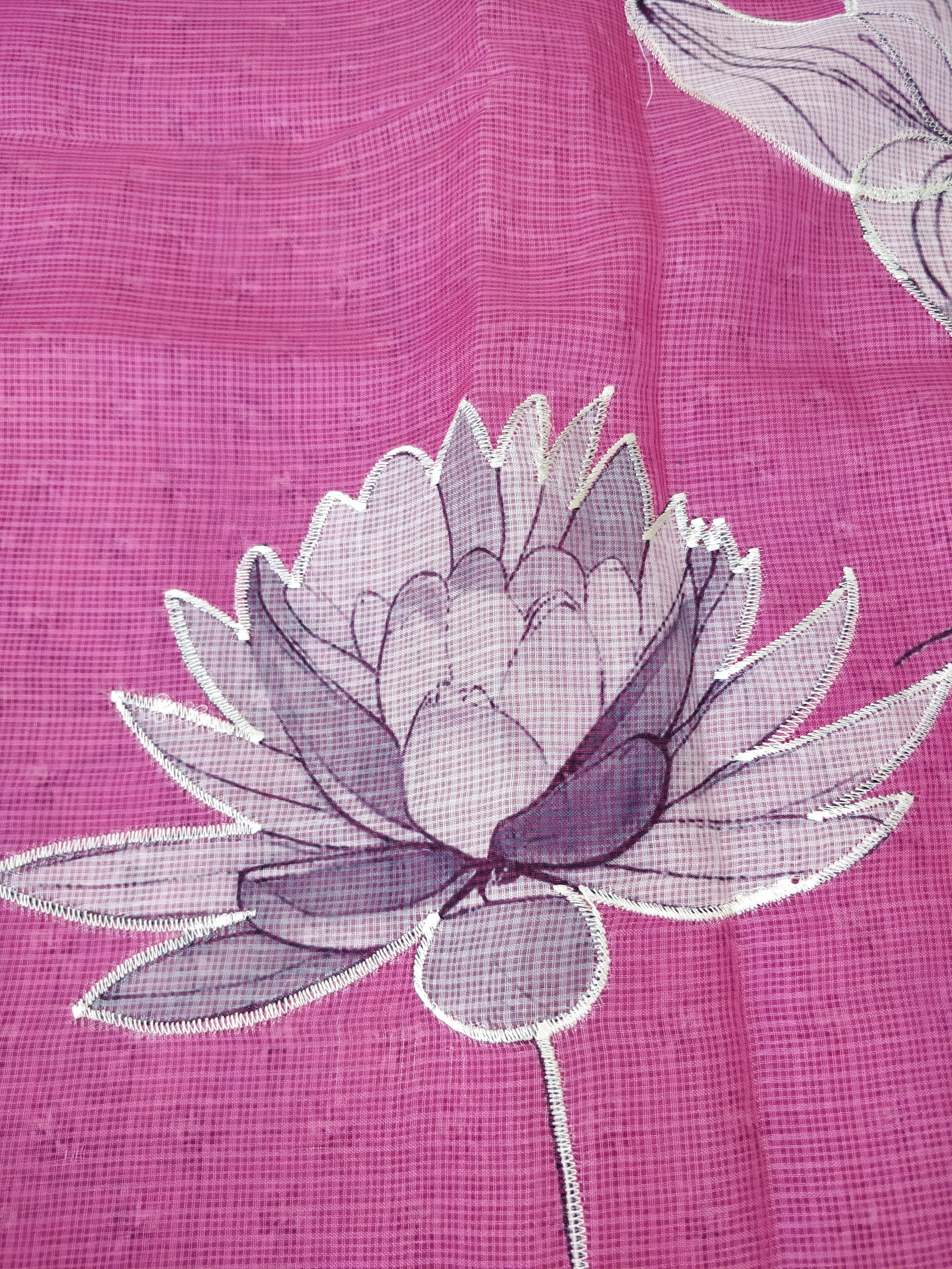 Pink Kota Floral Print With Embroidery Saree