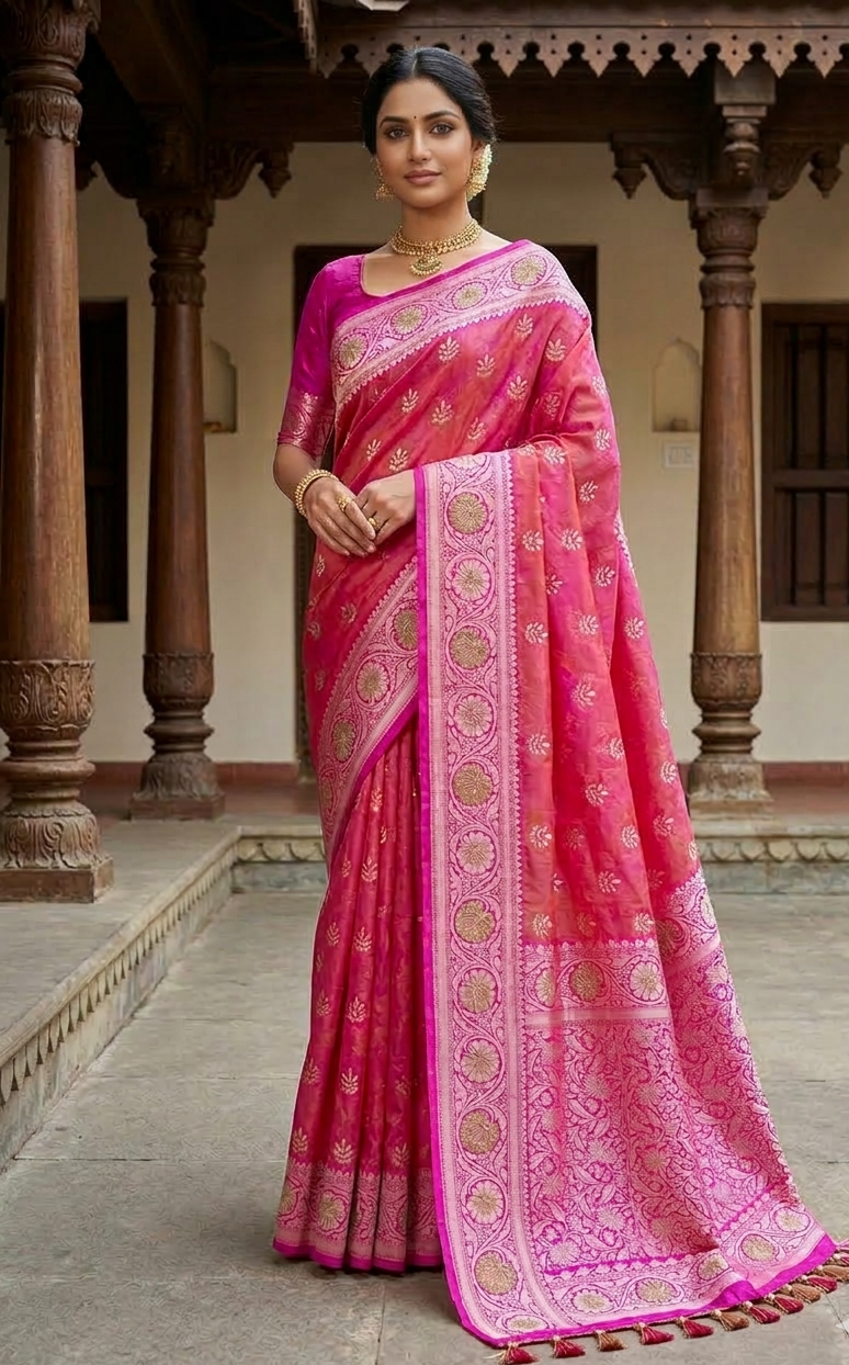 Pink Handwoven Kataan Silk Banarasi Saree with Hand Embroidery