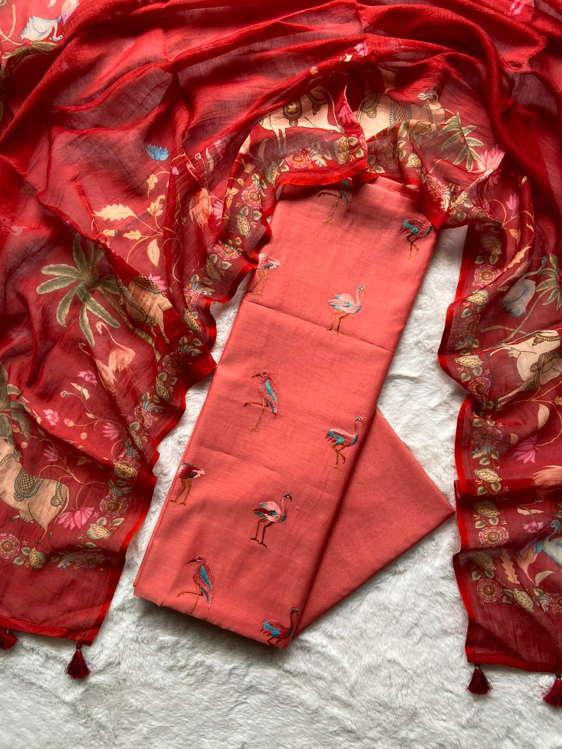 Red Mul Cotton Embroidery Suit Set