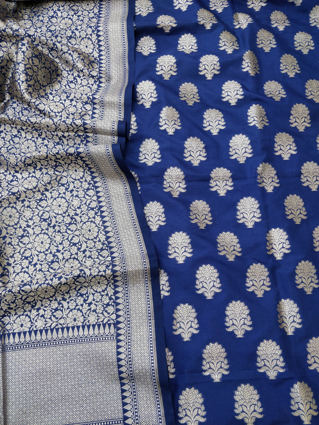 Navy Blue Cotton Silk Banarasi Unstitched Suit Set