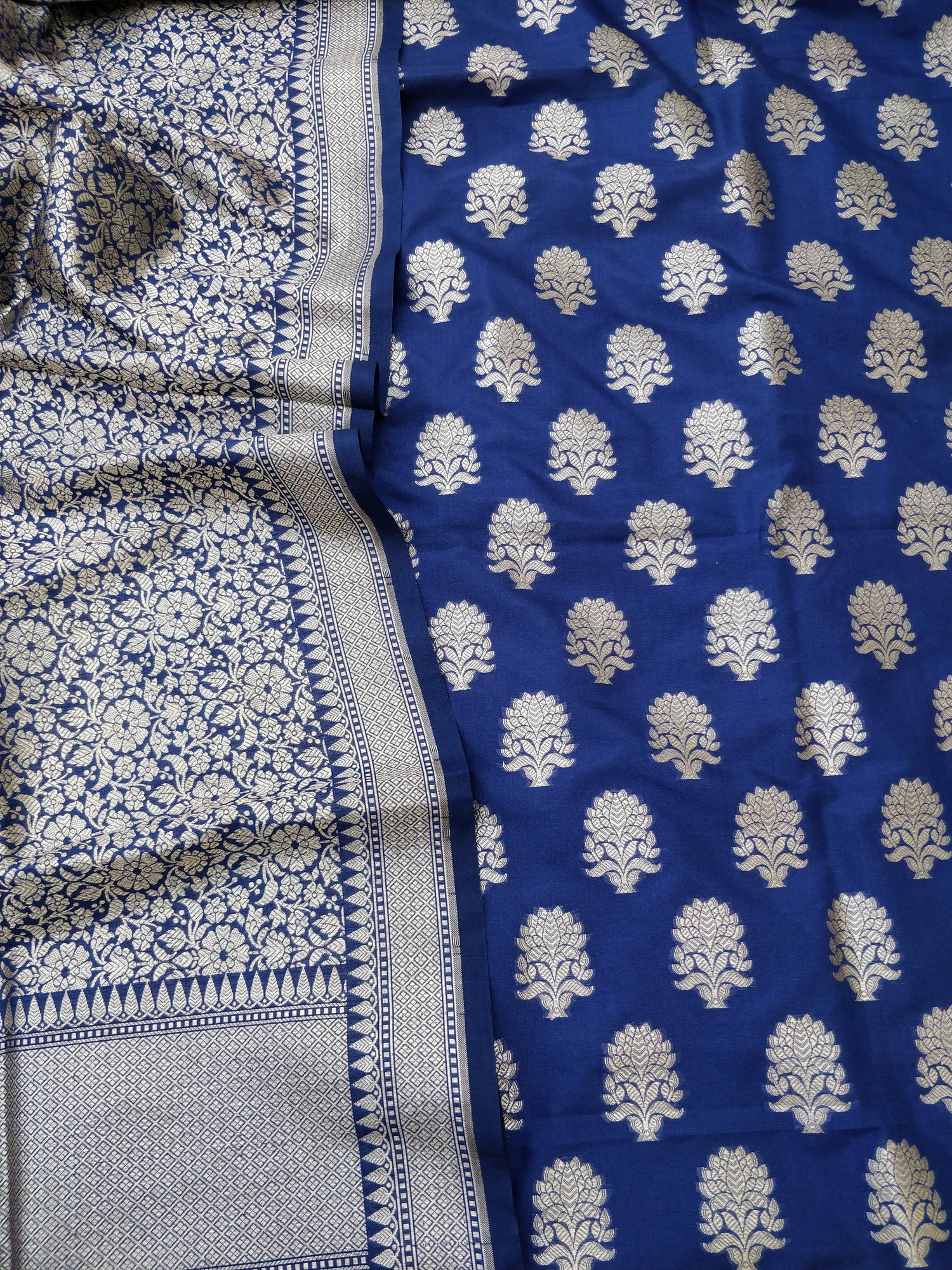 Navy Blue Cotton Silk Banarasi Unstitched Suit Set