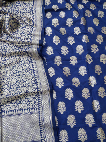 Navy Blue Cotton Silk Banarasi Unstitched Suit Set