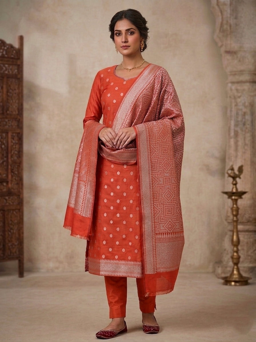 Orange Cotton Silk Banarasi Unstitched Suit Set
