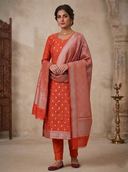 Orange Cotton Silk Banarasi Unstitched Suit Set