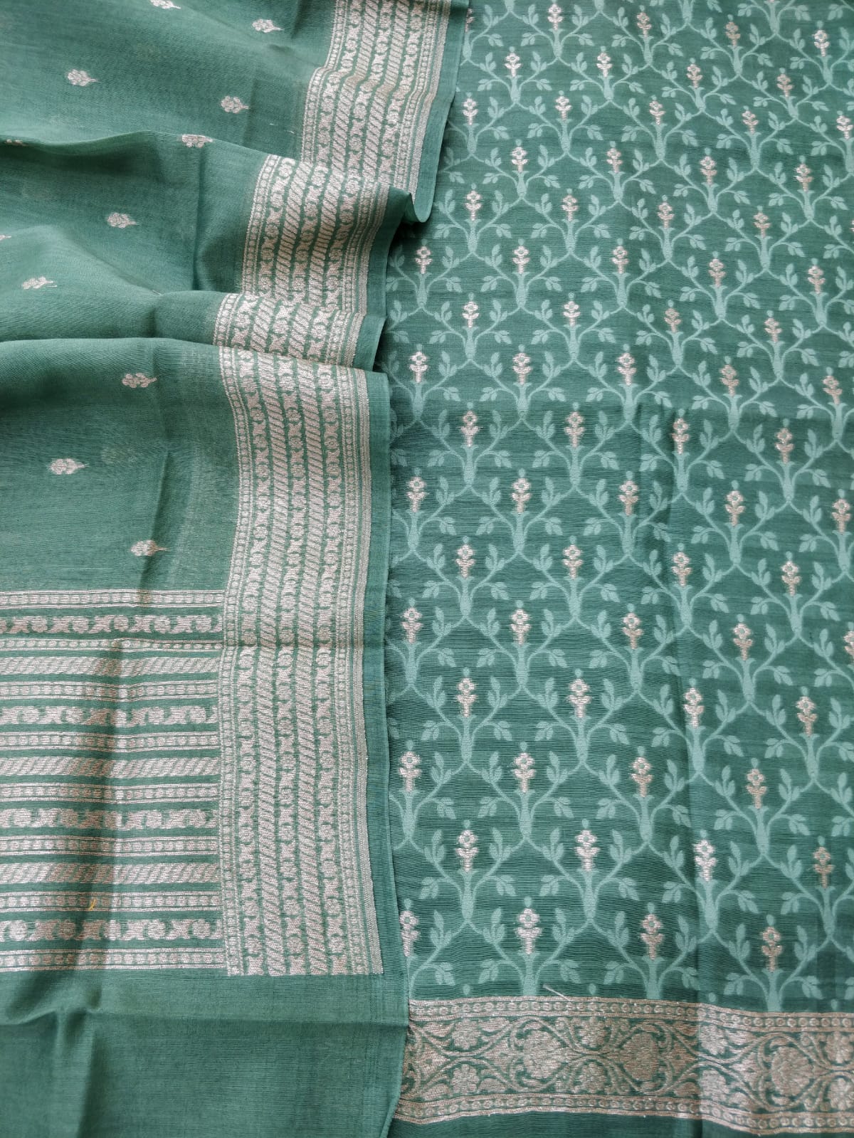 Green Cotton Unstitched Banarasi Suit Set