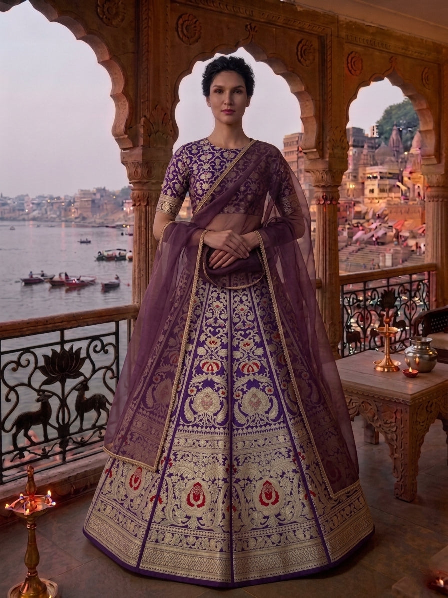 Tanvi Purple Handwoven Pure Silk Banarasi Lehenga with Meenakari