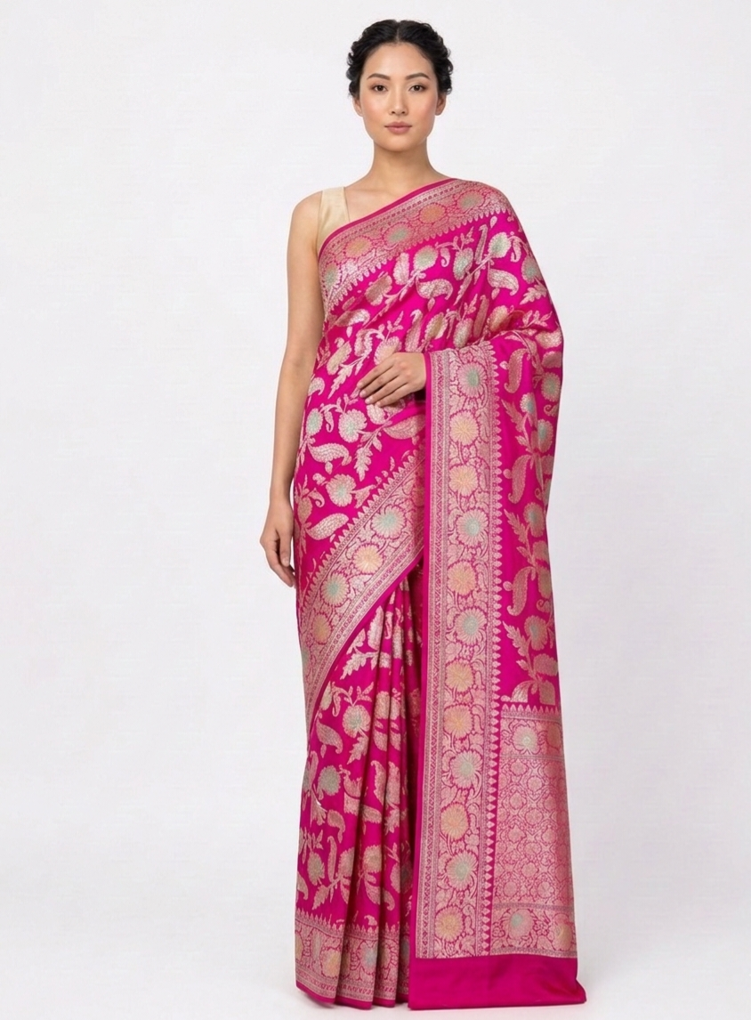 Pink Handwoven Pure Kataan Silk Kadhua Jangla Benarasi Saree