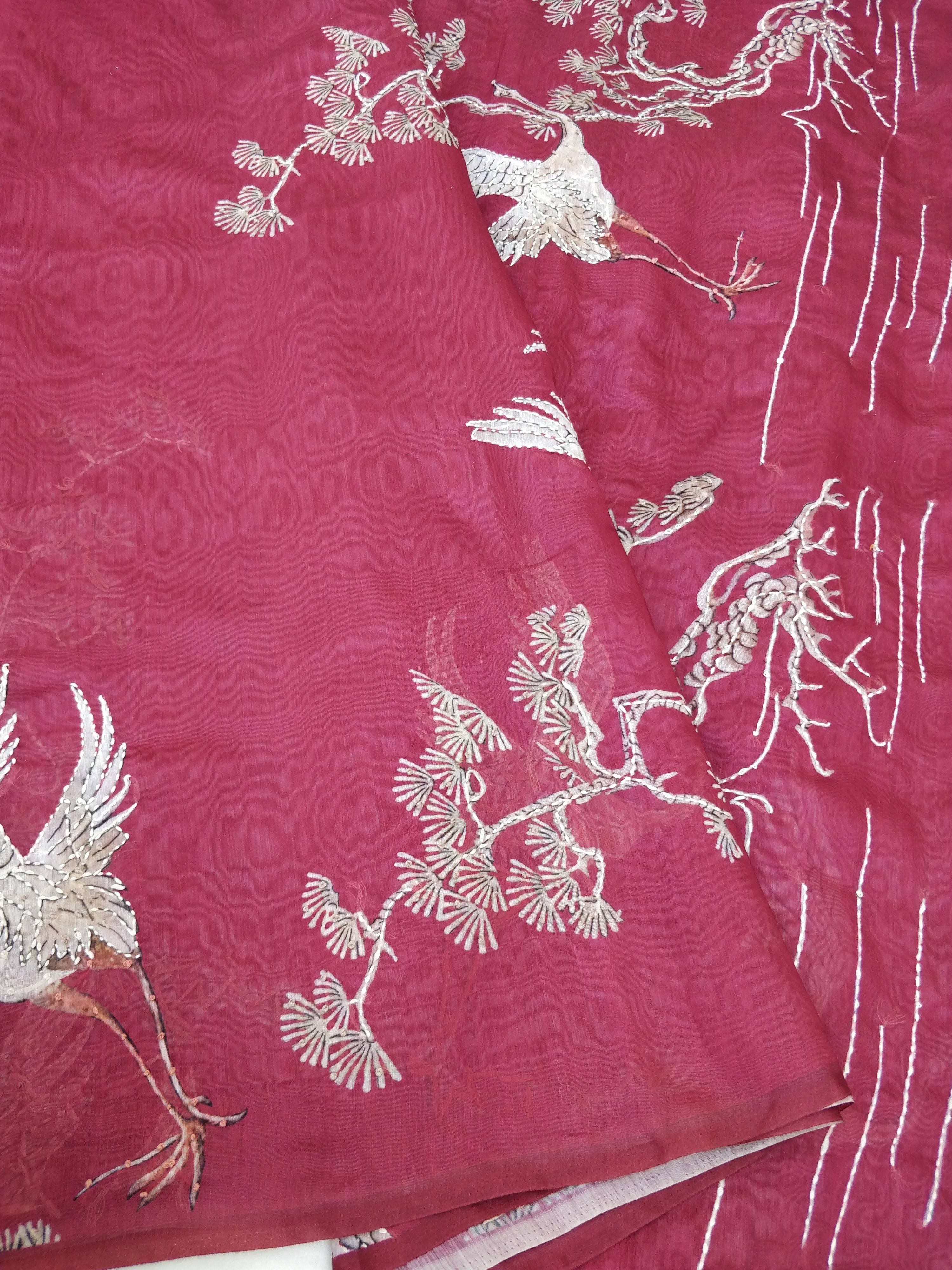 Red Mul Chanderi Silk Hand Embroidery Saree