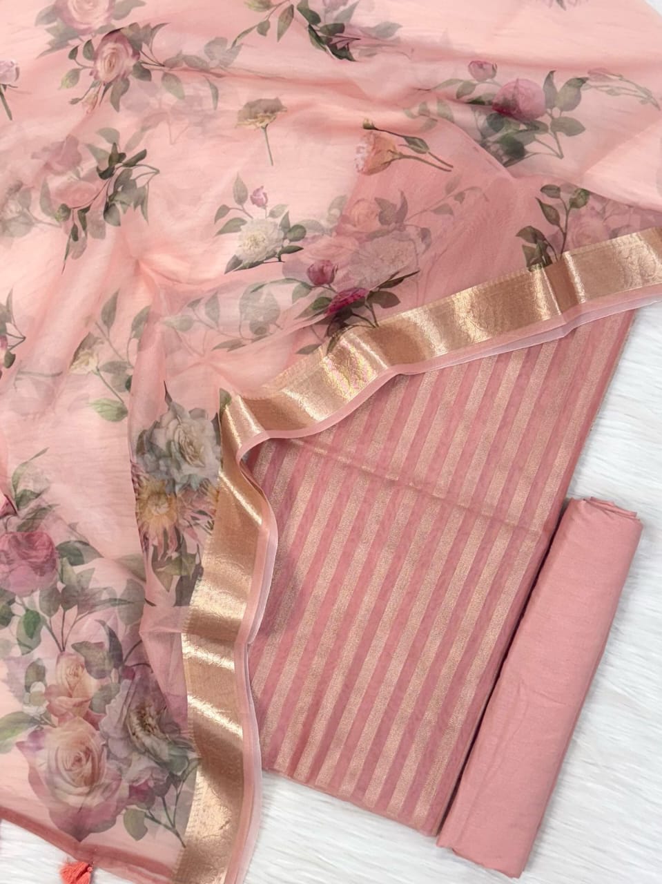 Peach Striped Zari Chanderi Cotton Banarasi Suit Fabric