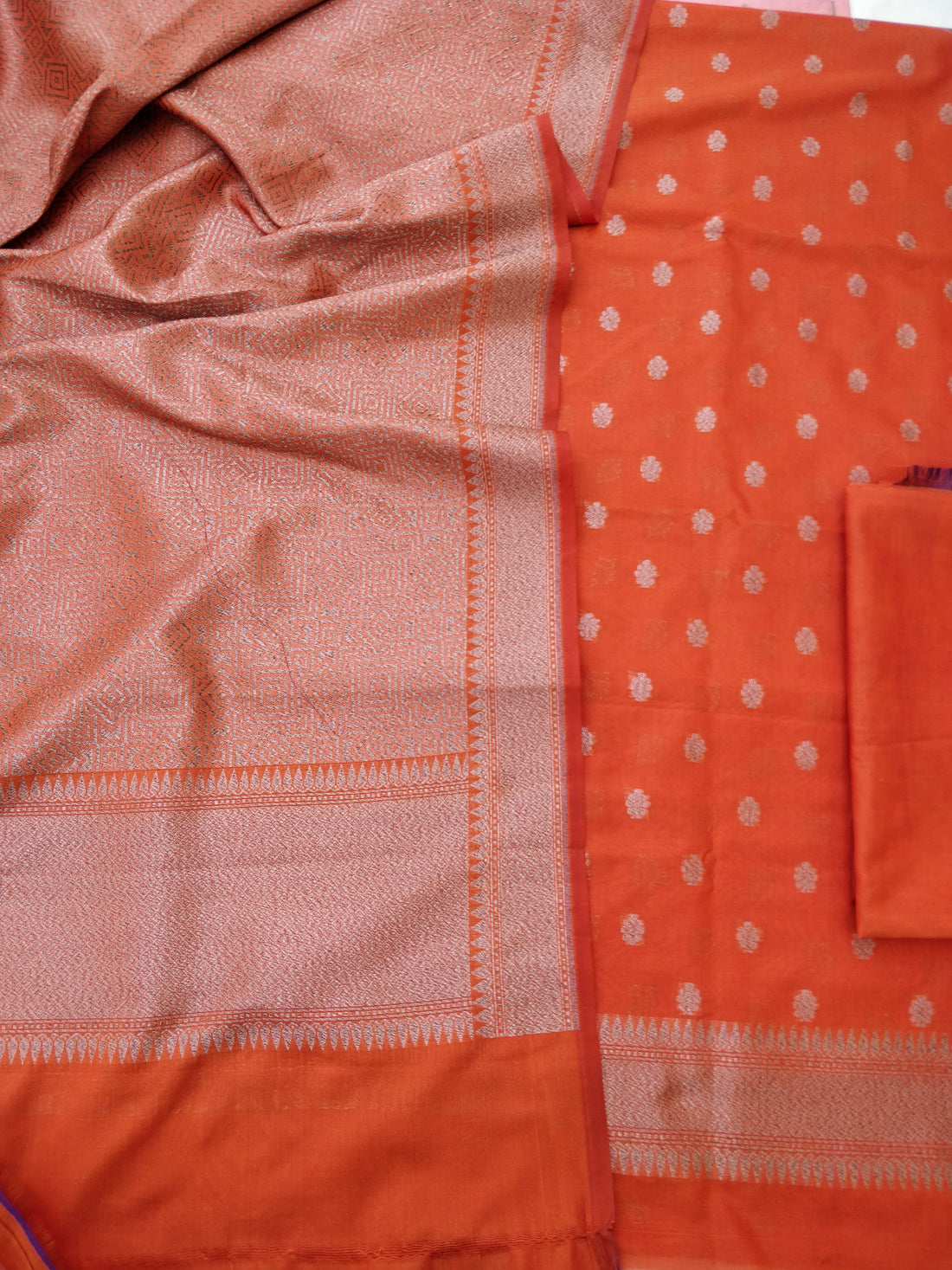 Orange Cotton Silk Banarasi Unstitched Suit Set