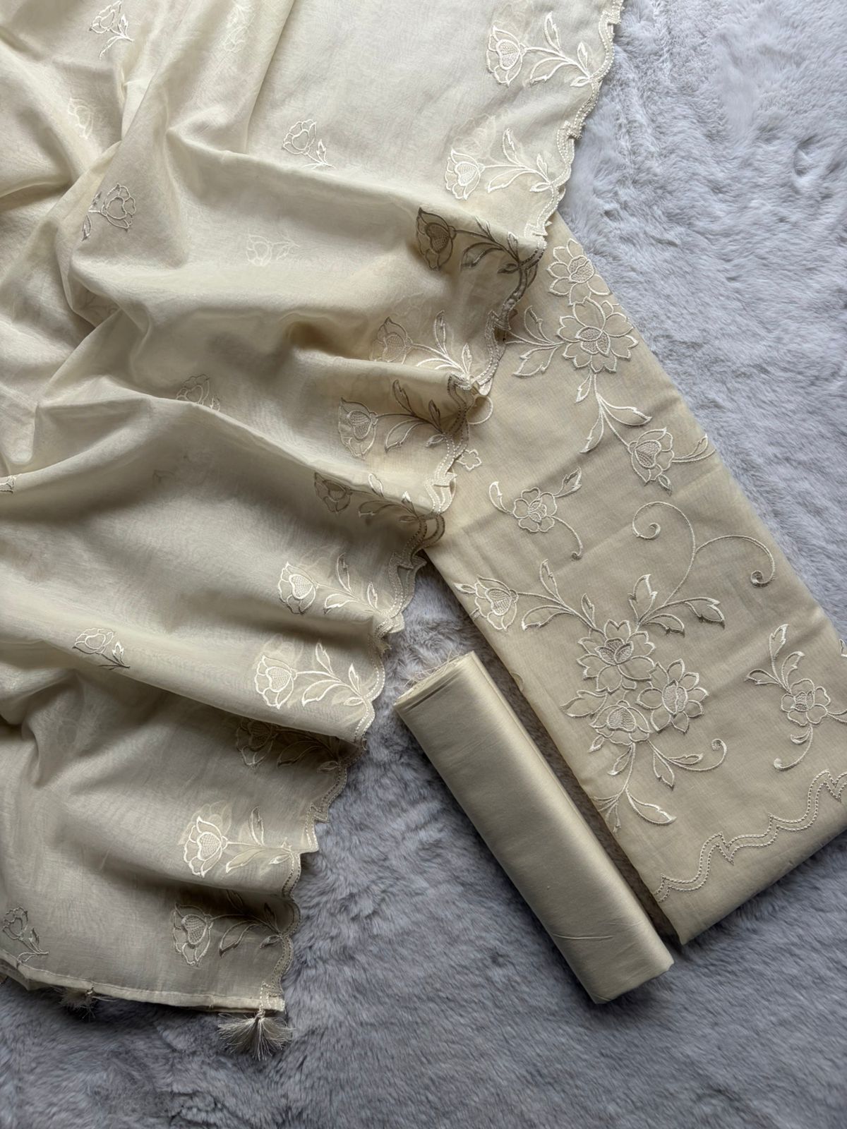 Beige Mul Cotton With Applique Work Suit Fabric