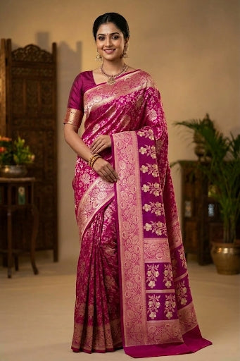 Pink Soft Silk Tanchoi Banarasi Saree with Floral Butas