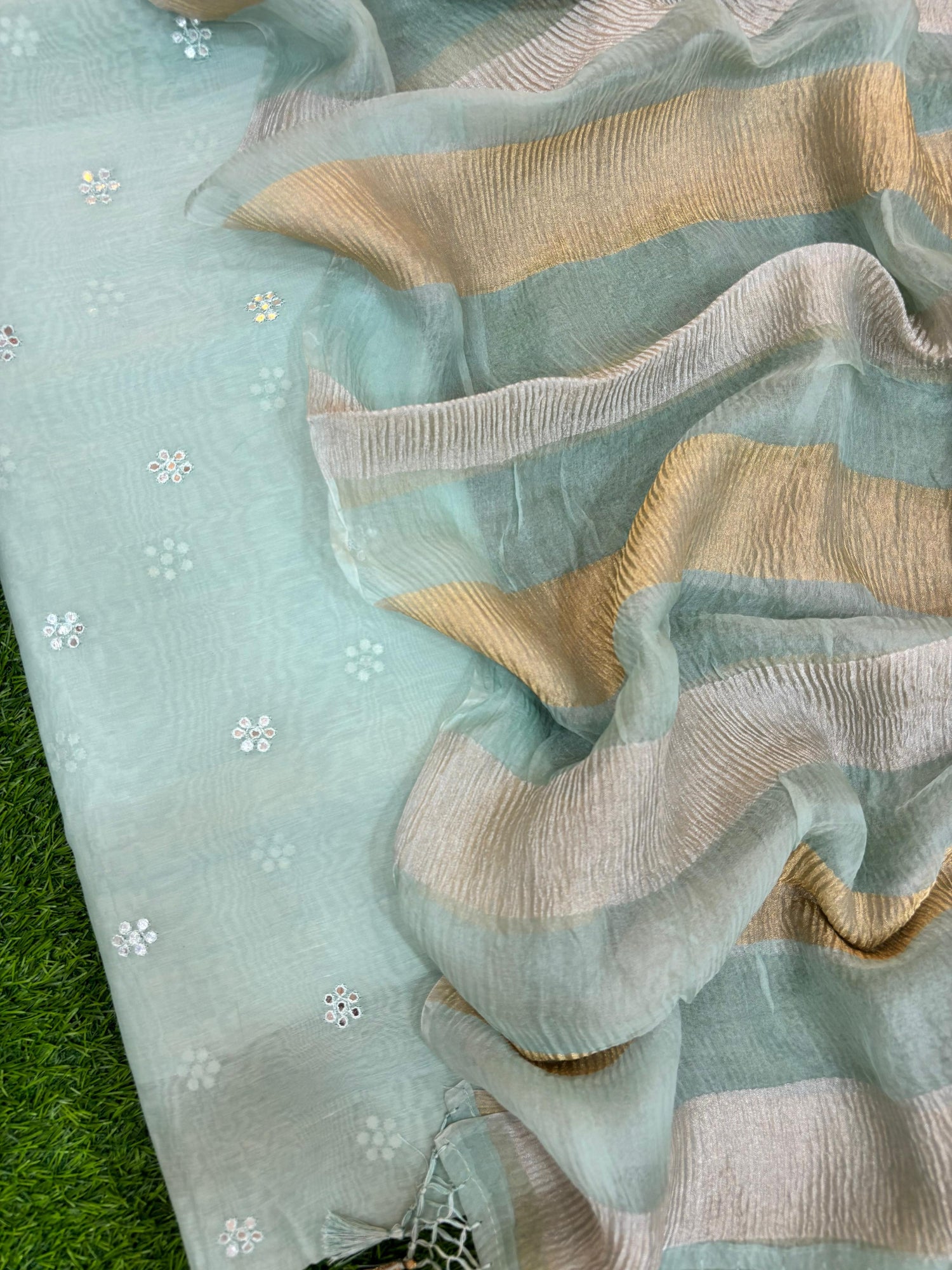 Sky Blue Mul Chanderi Silk Buti Suit Set