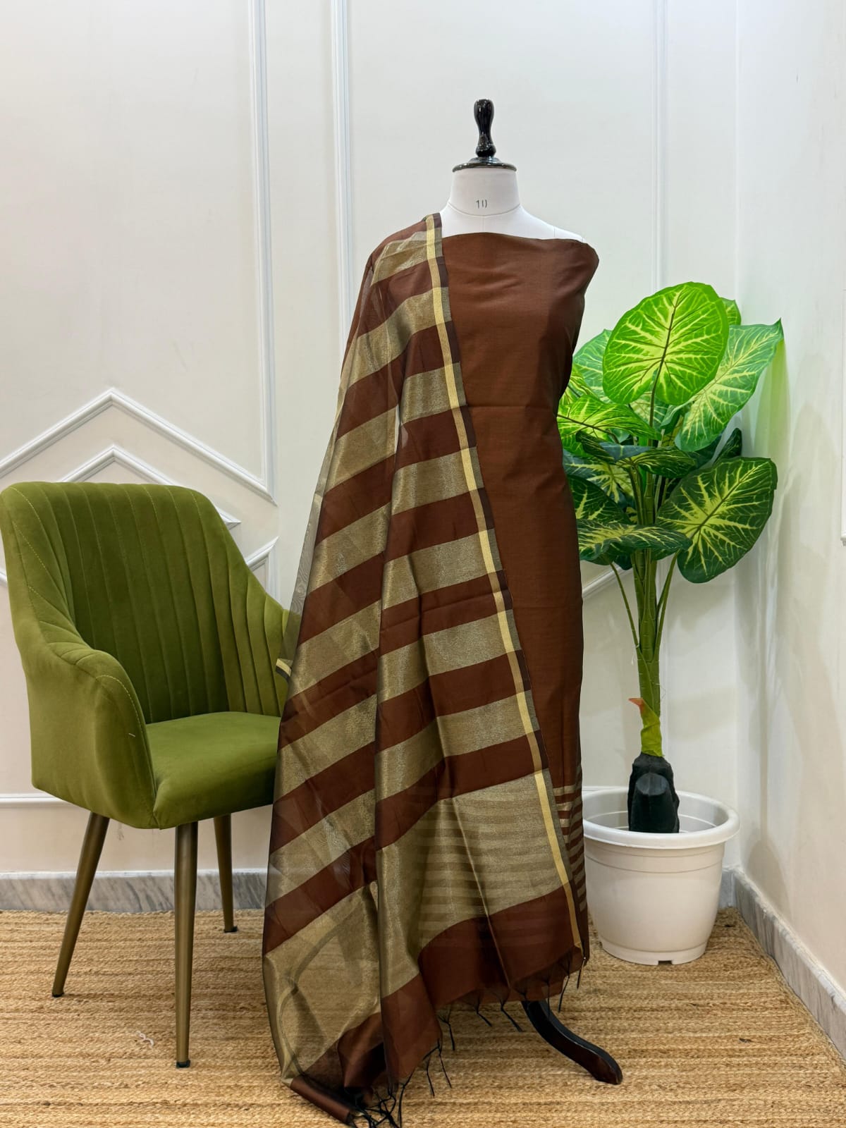 Brown Cotton Silk Suit With Stripe Zari Dupatta
